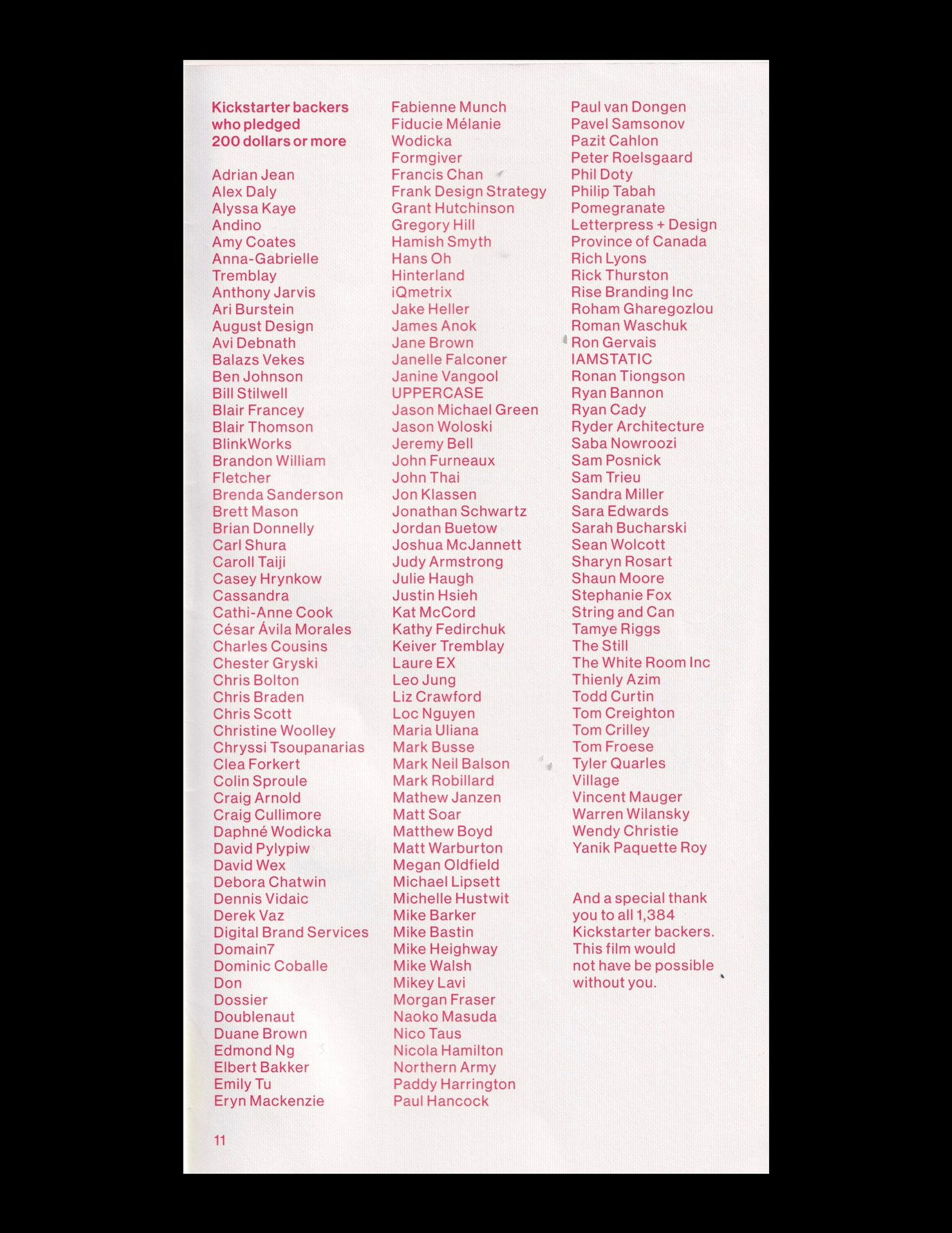 Design Canada programme page listing Kickstarter backers who pledged 200 dollars or more