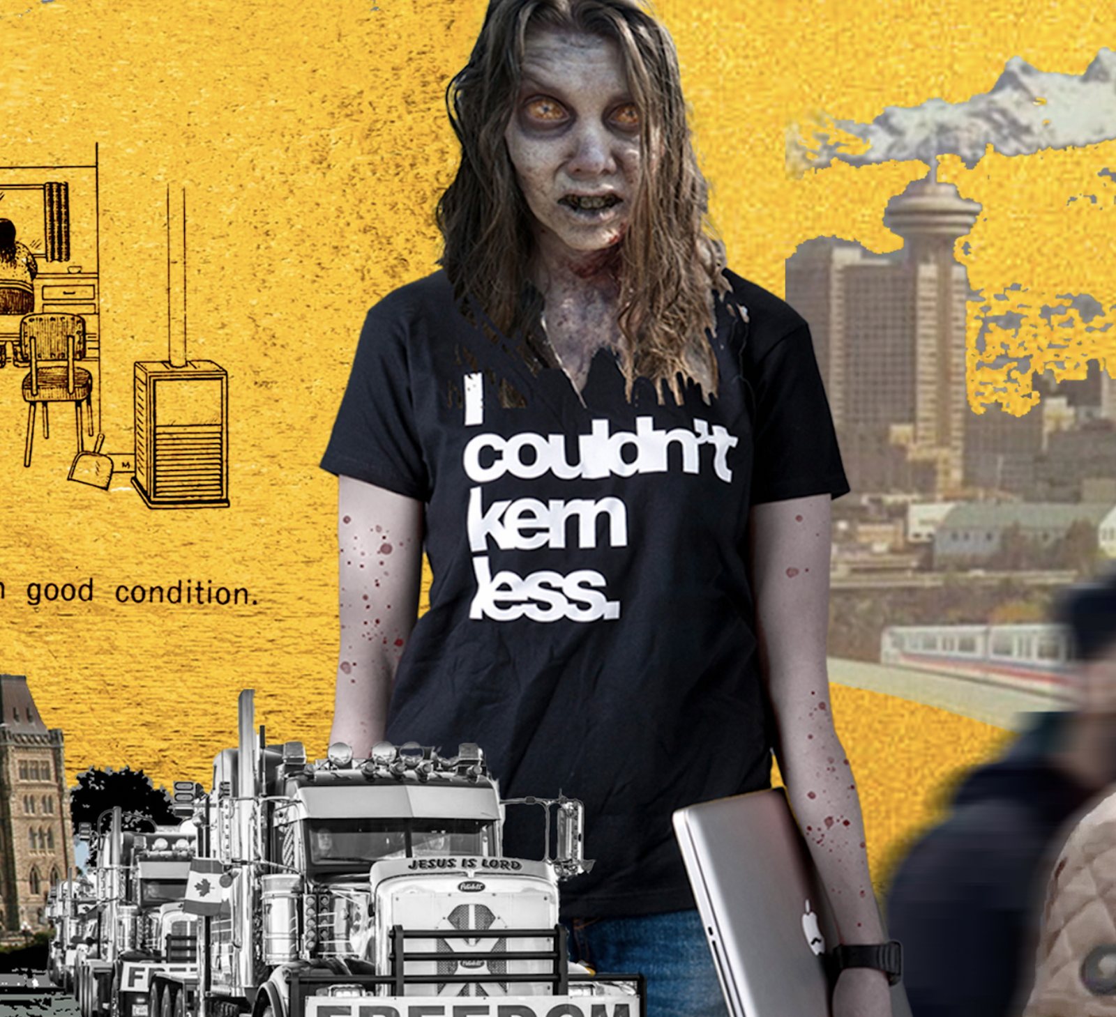 Collage of a zombie in an I couldn't kern less T-shirt holding a laptop, over a convoy of trucks, Parliament, Vancouver's Harbour Centre and a Living in the New Houses illustration, on a yellow ground